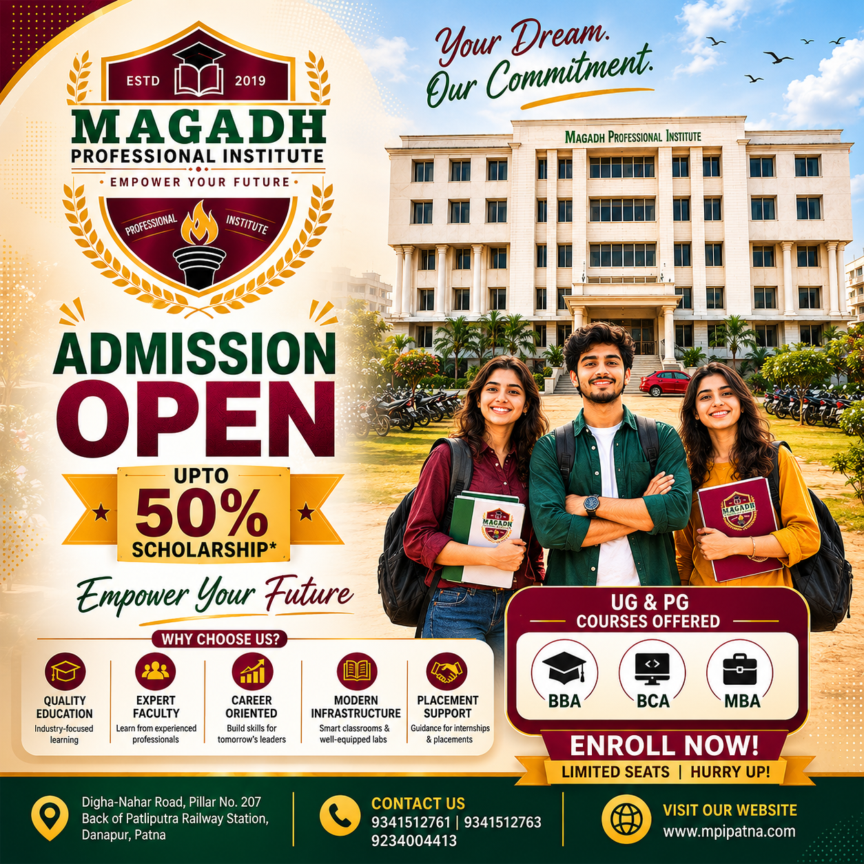 Magadh Institute admission poster featuring the campus, students and scholarship offer up to 50 percent