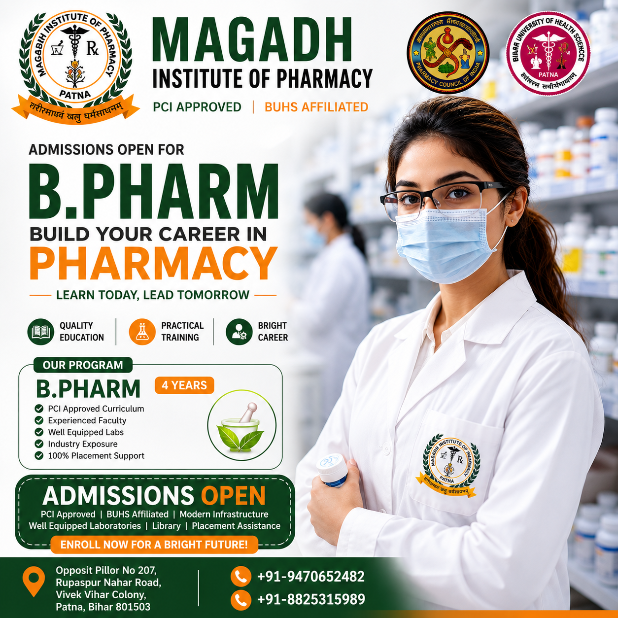 B.Pharm admissions poster with pharmacy student, course details and contact information