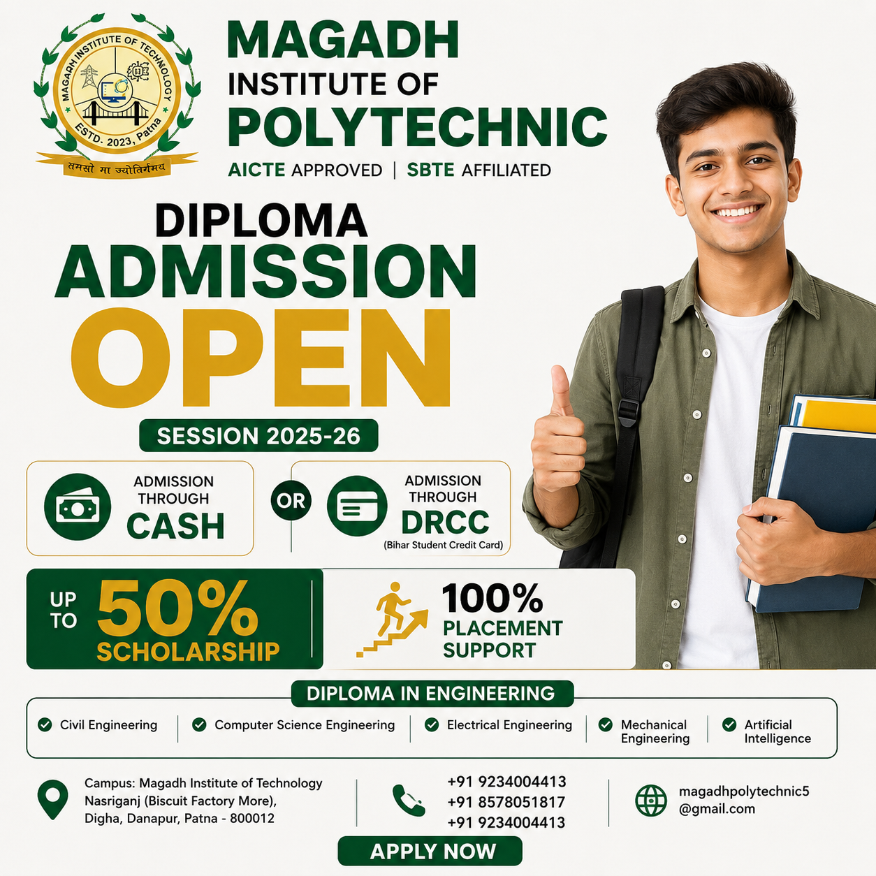 Magadh Polytechnic diploma admission poster with scholarship and payment options