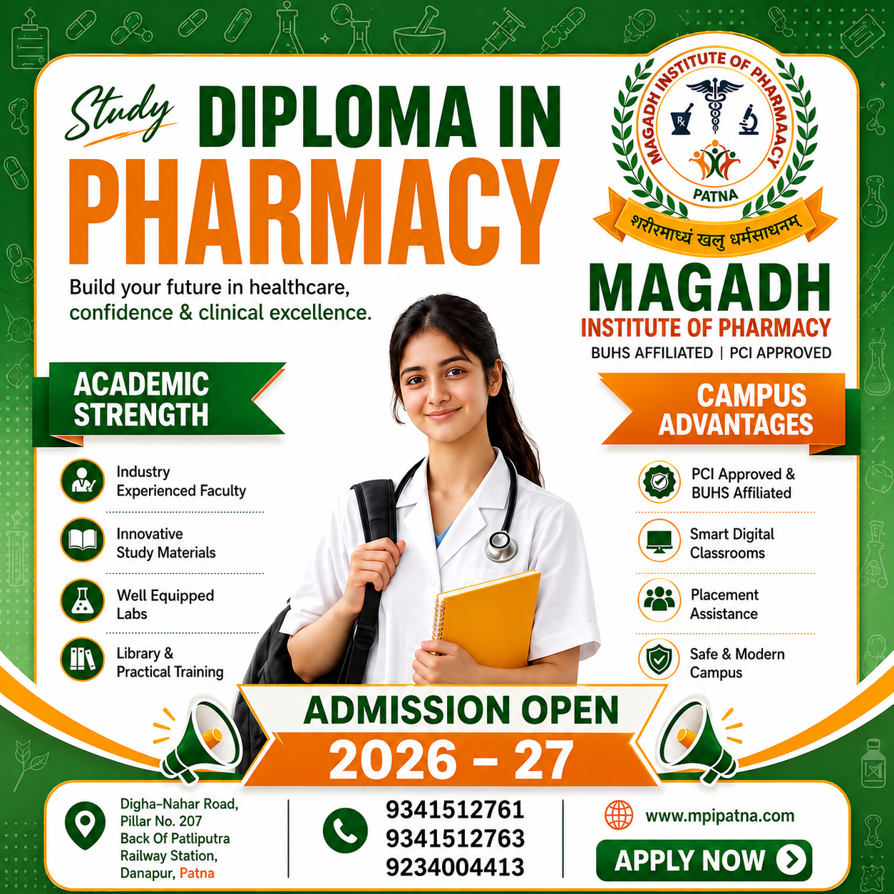 Green and white B.Pharm admissions poster listing pharmacy course benefits