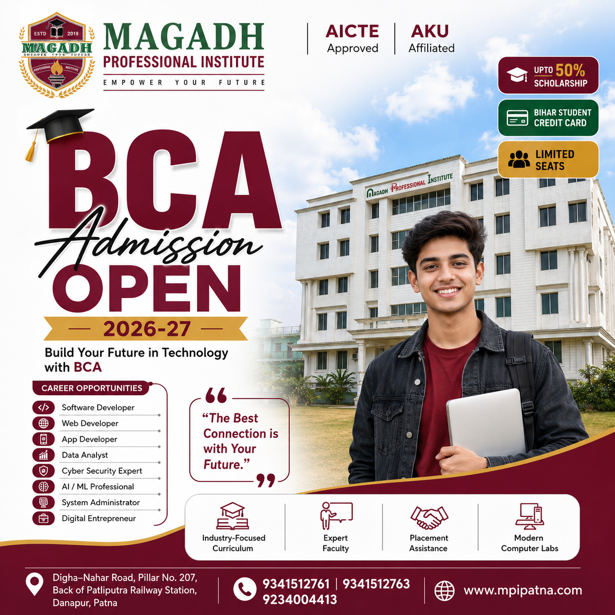 Magadh Professional Institute BCA admission artwork with student and course information