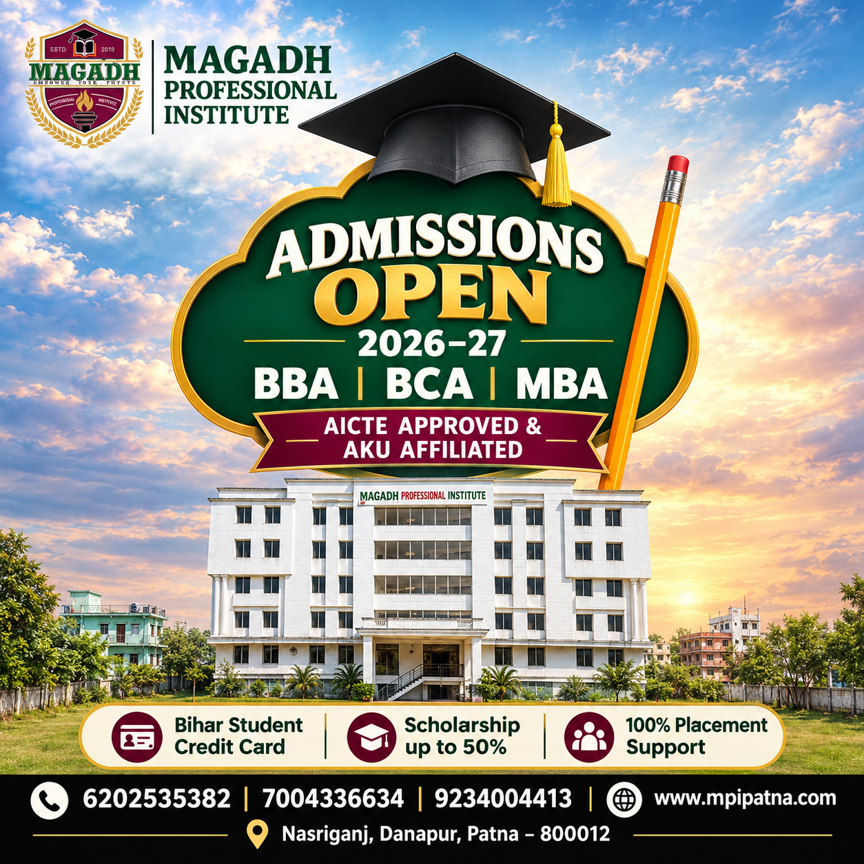 Magadh Professional Institute 2026–27 admissions poster for BBA, BCA and MBA programmes