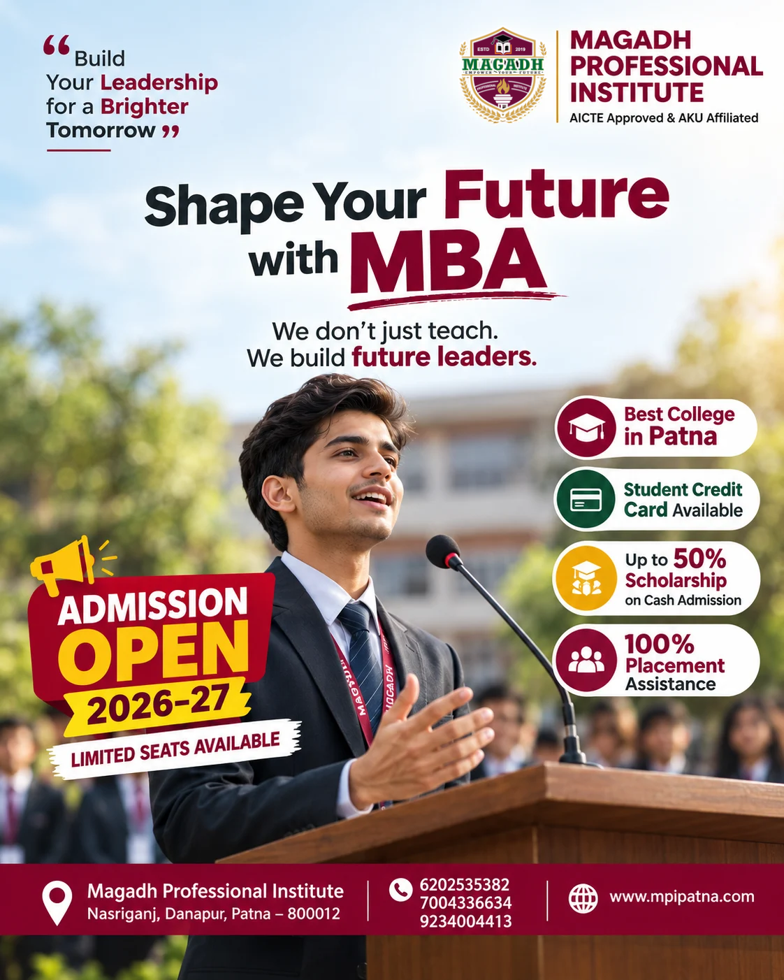 Magadh Professional Institute MBA admission poster featuring a student speaker and 2026–27 scholarship and placement offers