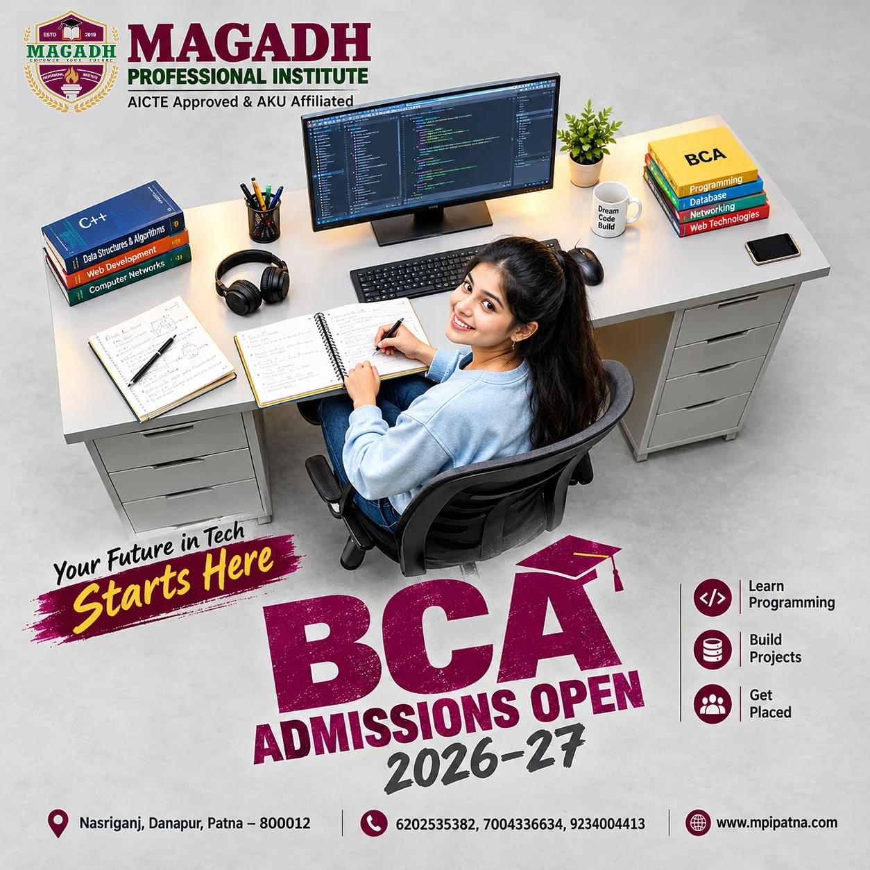 Magadh Professional Institute BCA admissions poster with a programming student, coding desk, and 2026–27 course details