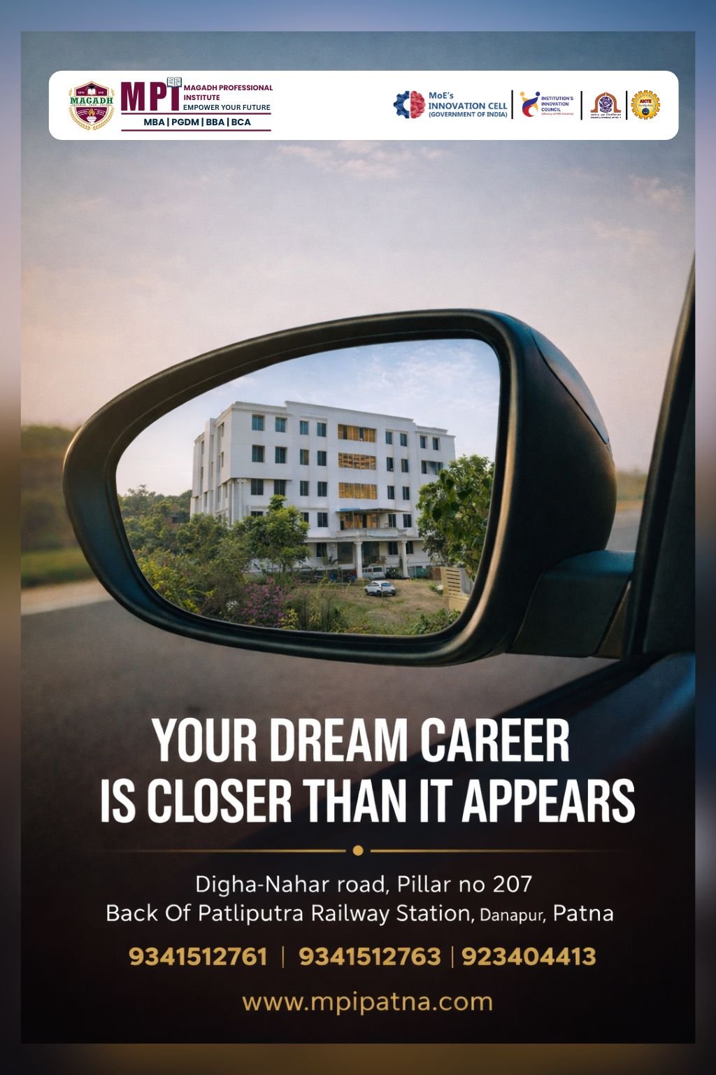 Career poster with a car rear-view mirror and the line Your dream career is closer than it appears