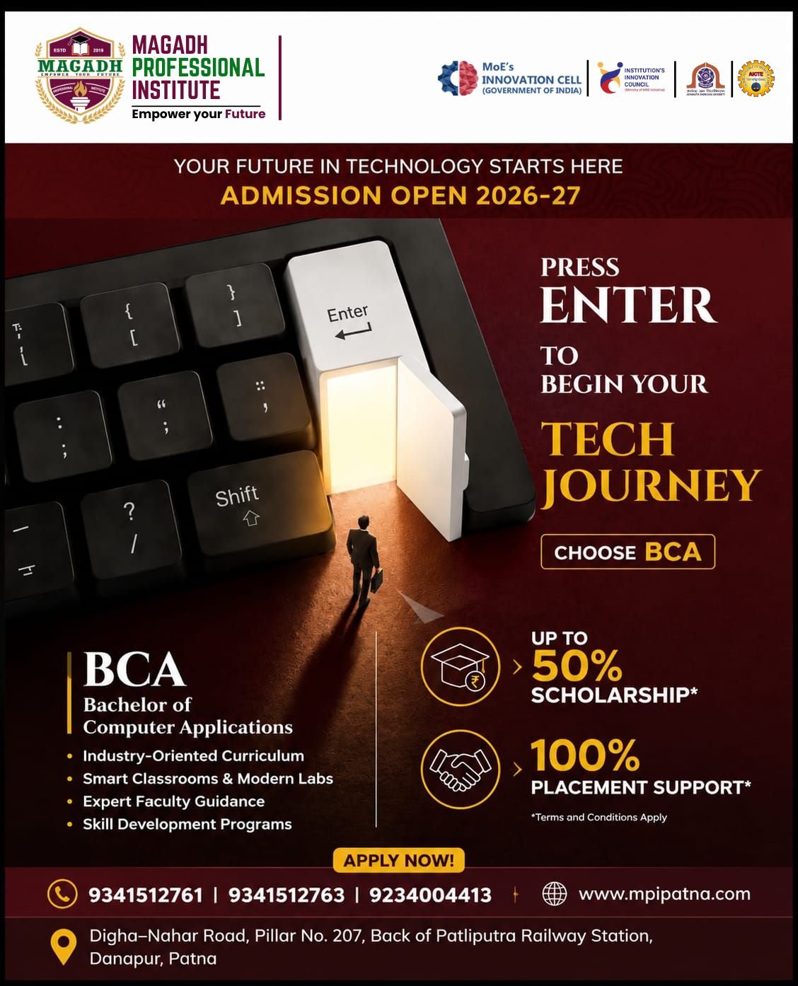BCA promotional poster with a keyboard key and tech journey message