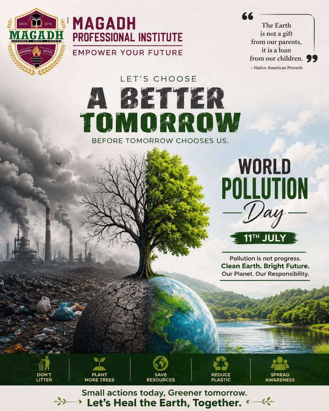 World Pollution Day environmental awareness poster showing a tree and the Earth