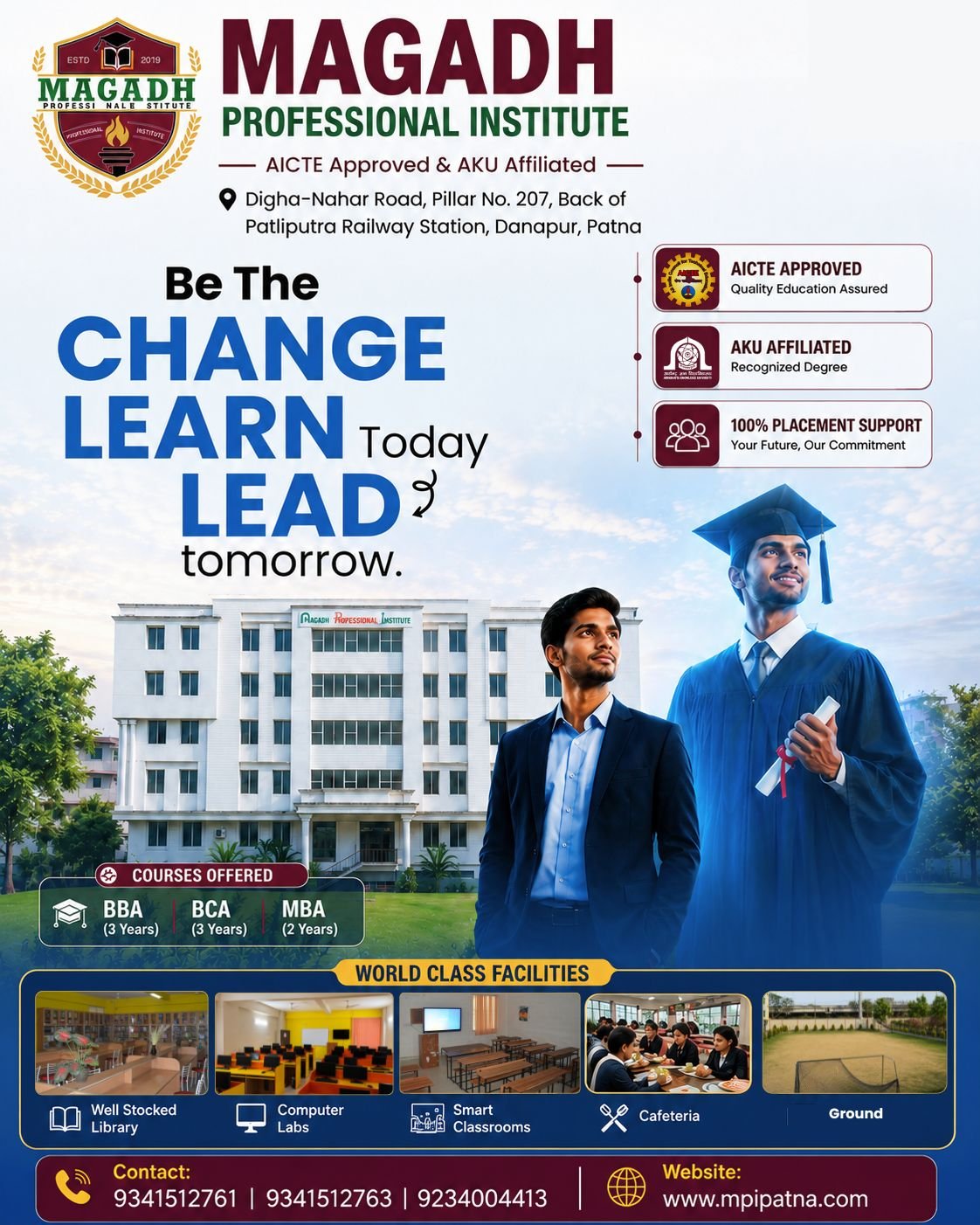 Magadh Institute course poster with the message Be the change, learn today, lead tomorrow
