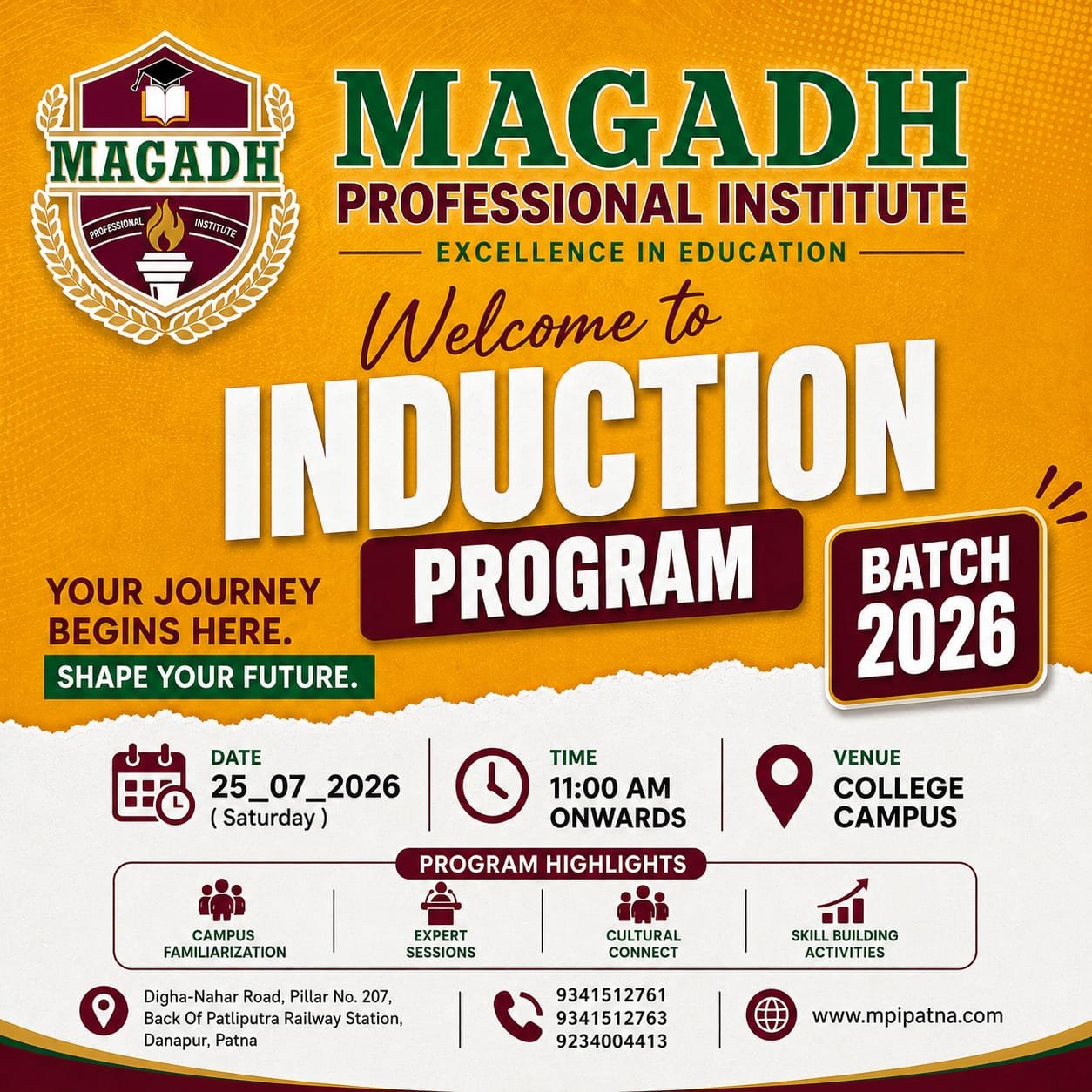 Magadh Professional Institute Induction Program poster for the 2026 batch
