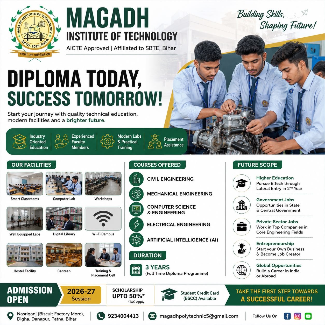 Magadh Institute Polytechnic diploma admissions poster with programmes and campus information