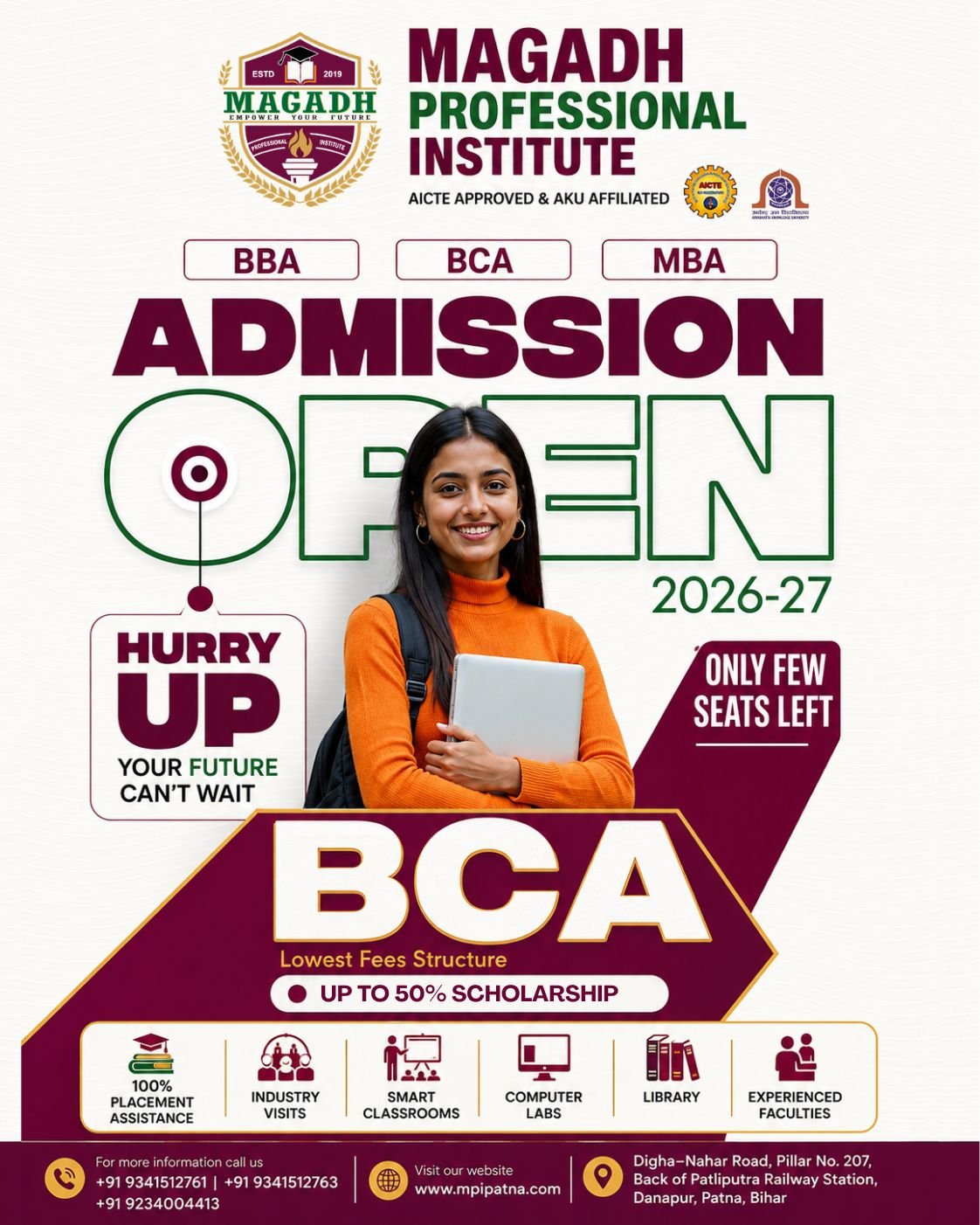 BCA admission poster offering up to 50 percent scholarship