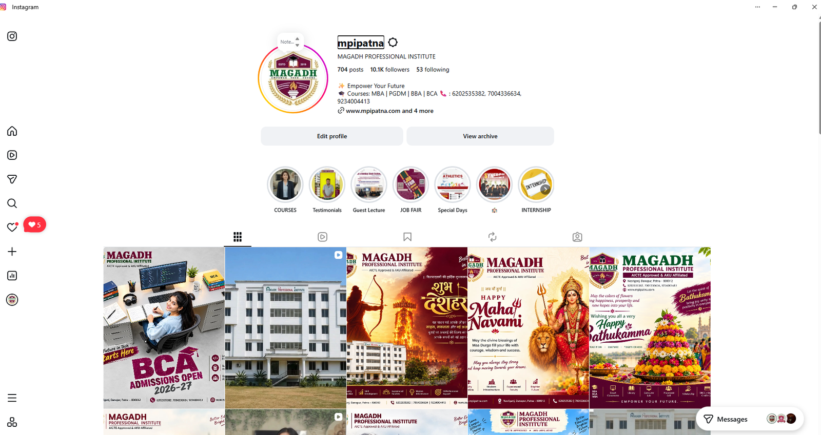Desktop Instagram profile for Magadh Professional Institute showing 704 posts, 10.1K followers, course information, story highlights and institute posts