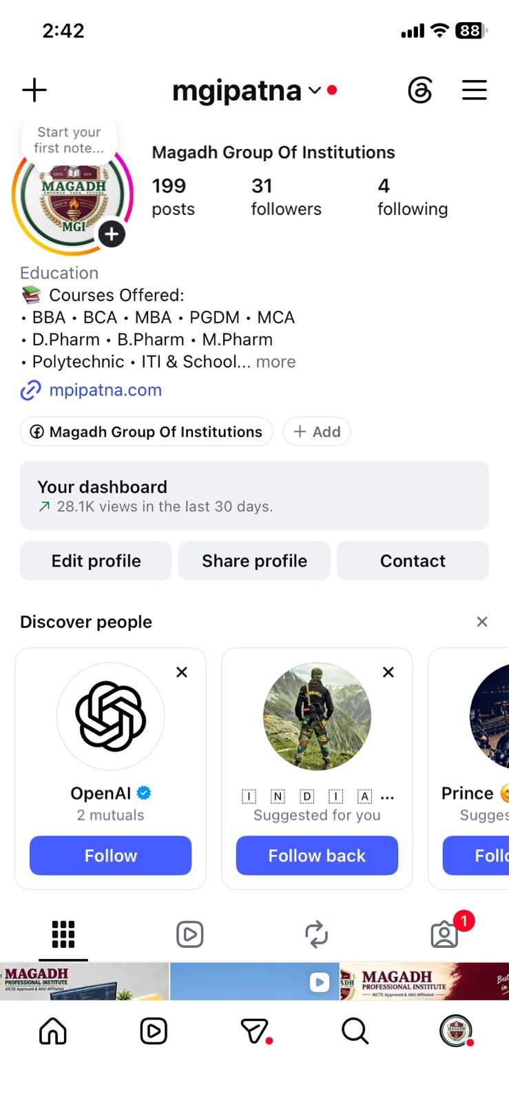Instagram profile screenshot for Magadh Group of Institutions, showing 199 posts and 31 followers