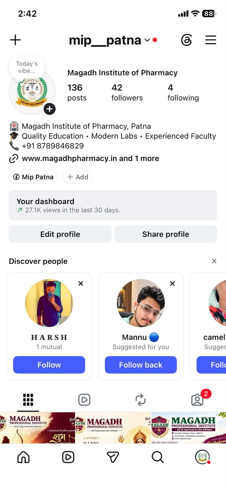 Instagram profile screenshot for Magadh Institute of Pharmacy, Patna, showing 136 posts and 42 followers