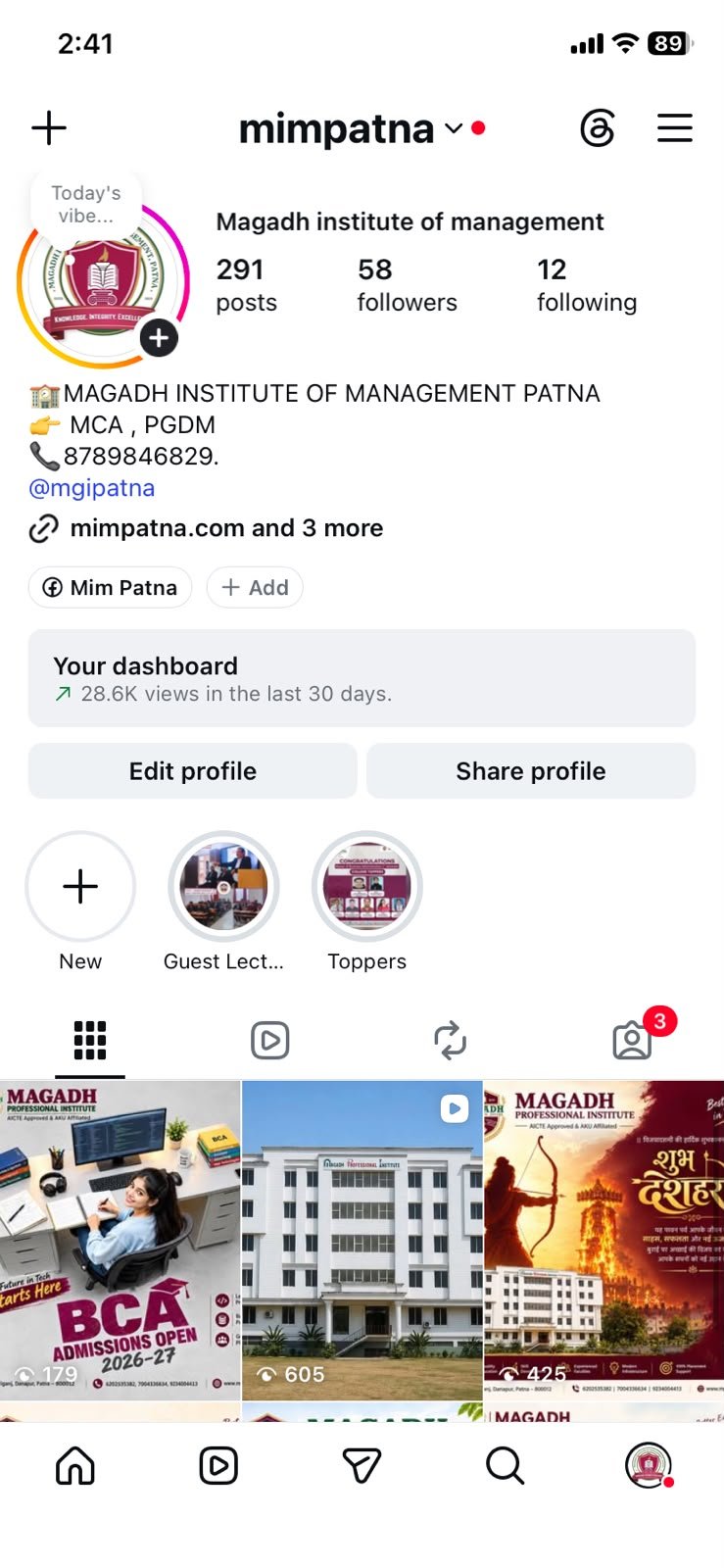 Instagram profile screenshot for Magadh Institute of Management Patna, showing 291 posts and 58 followers